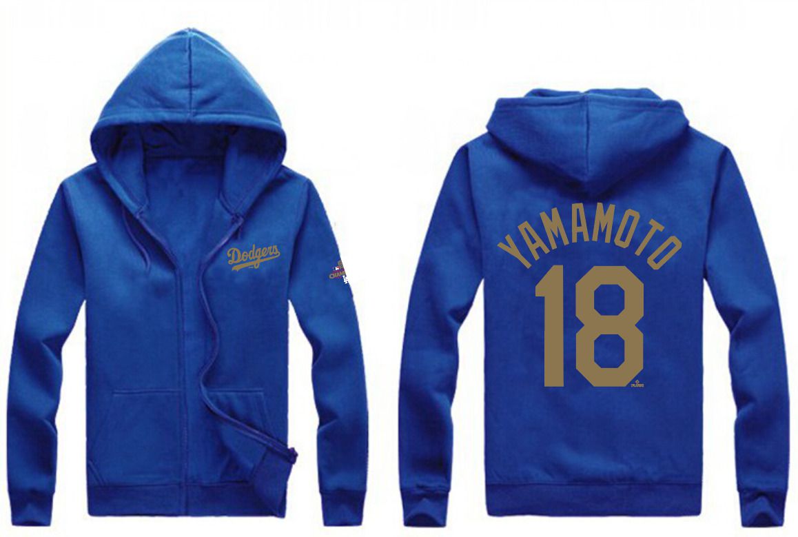 Men Los Angeles Dodgers #18 Yamamoto Blue Zipper hoodie 2025 MLB Jersey style 1->los angeles dodgers->MLB Jersey